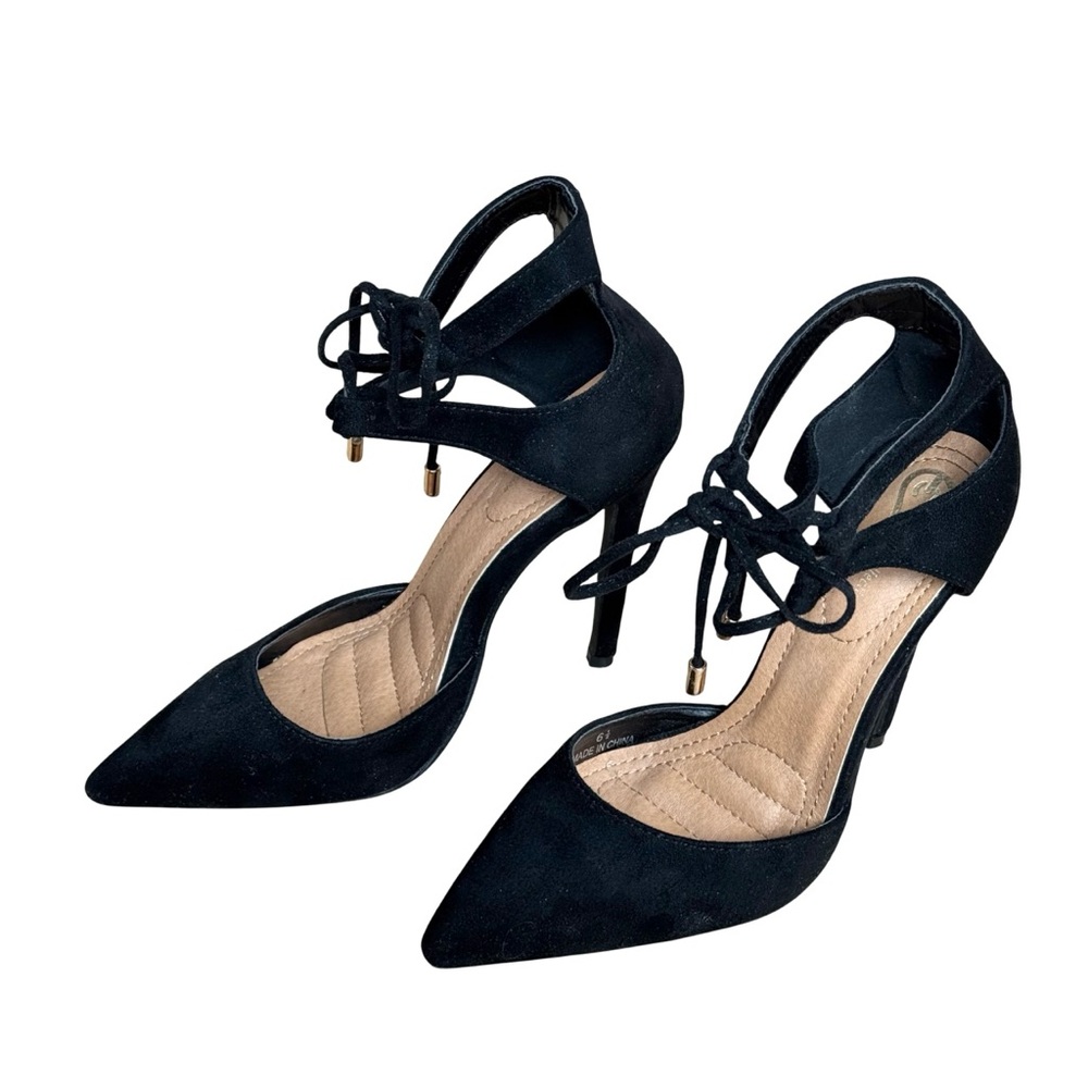 Elegant Collection Black Pointy Toe High Heel Strappy Tie Women's Shoes Sz 6 1/2